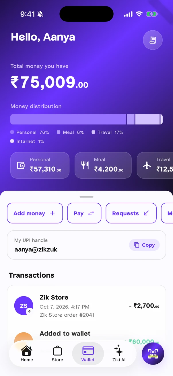 ZikPe wallet split into Personal, Meal, Travel and Internet wallets